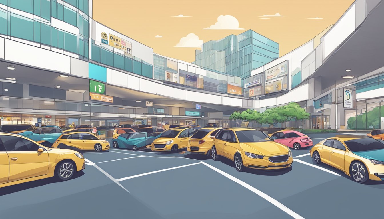 Cars entering a shopping mall parking lot in Singapore, with signs advertising free parking for shoppers