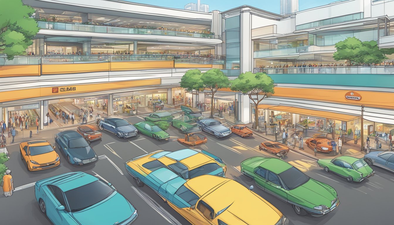 Cars entering and exiting a spacious parking lot at a bustling shopping mall in Singapore