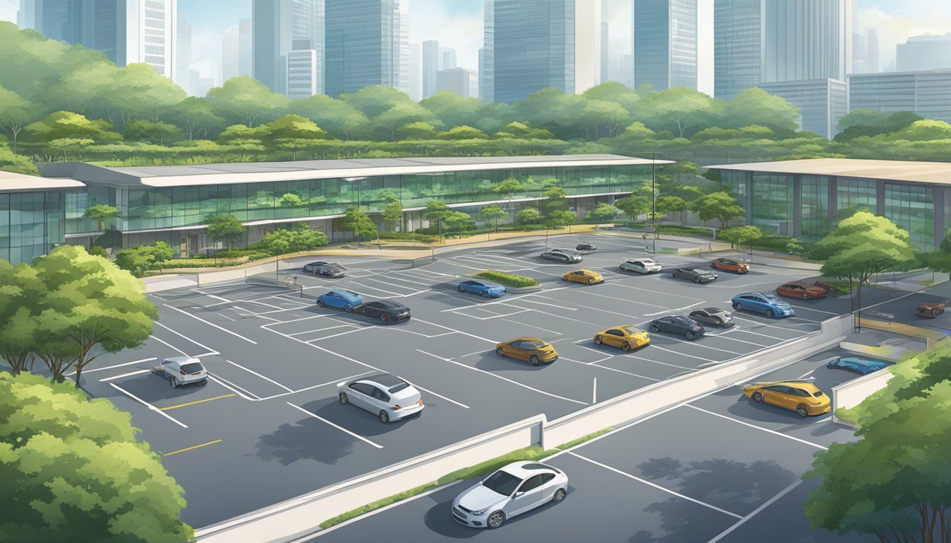 A wide, open parking lot in Singapore, with clearly marked spaces and lush greenery surrounding the area