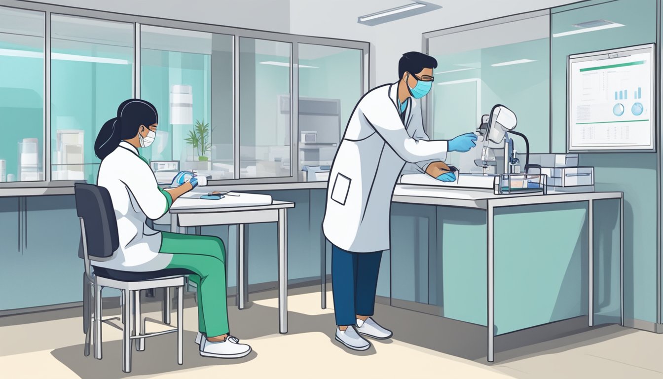 A person receiving a free PCR test in Singapore. A healthcare worker administers the test to a patient in a designated testing area