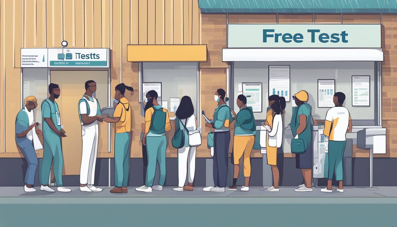 People lining up at a testing center, signage displaying "Free PCR Tests," staff assisting individuals with paperwork and swabbing