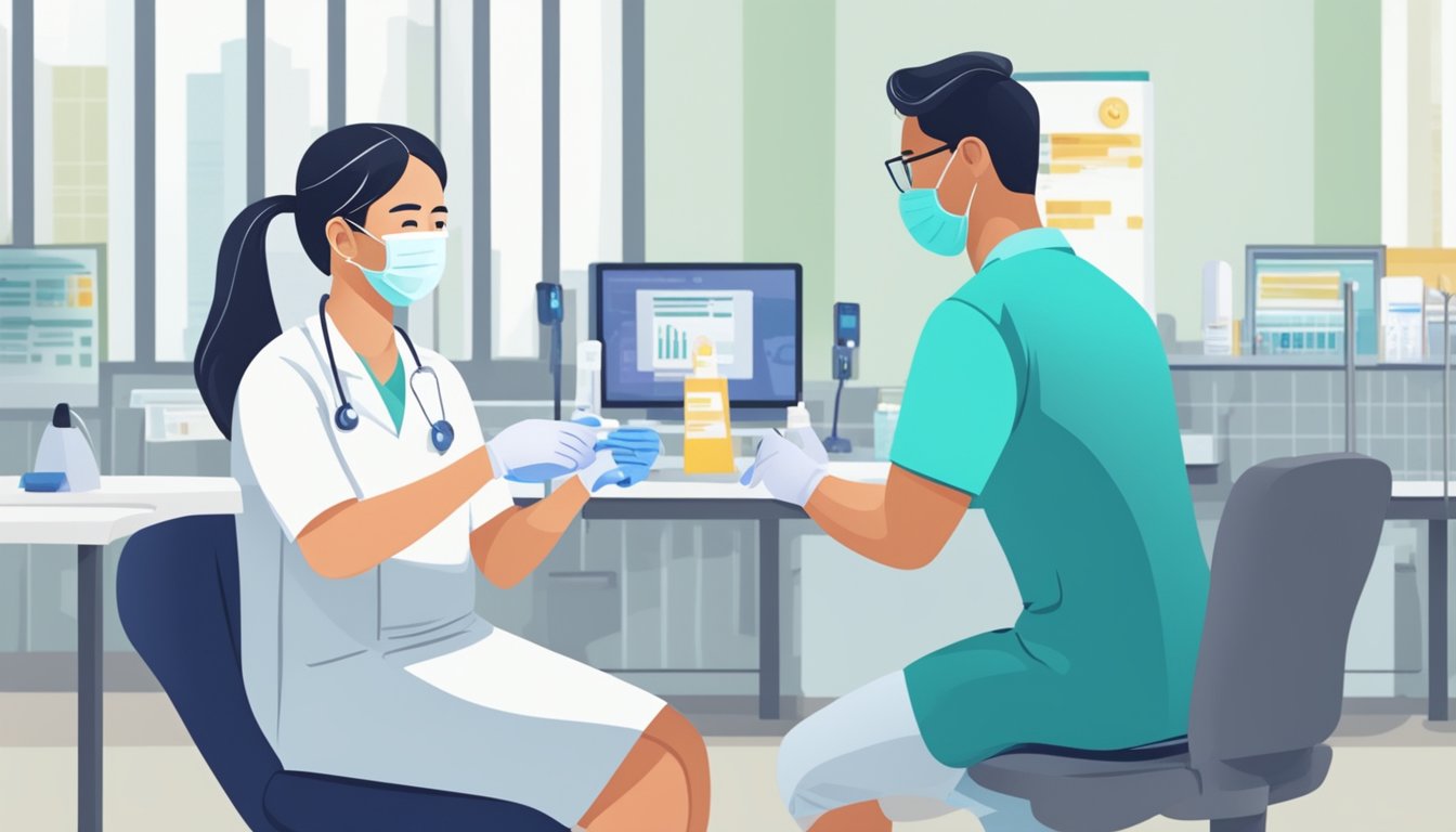 A person receiving a free PCR test in Singapore, with a healthcare worker administering the test at a testing site
