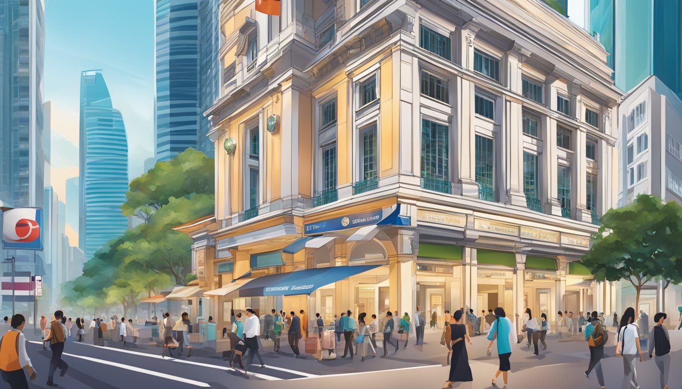 A bustling Singapore street with a prominent French bank, showcasing financial products and services through its sleek, modern architecture and vibrant signage