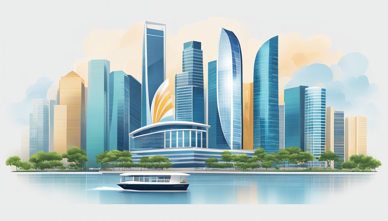 A bustling cityscape with the iconic skyline of Singapore in the background, featuring a modern office building with the logo of a French bank prominently displayed