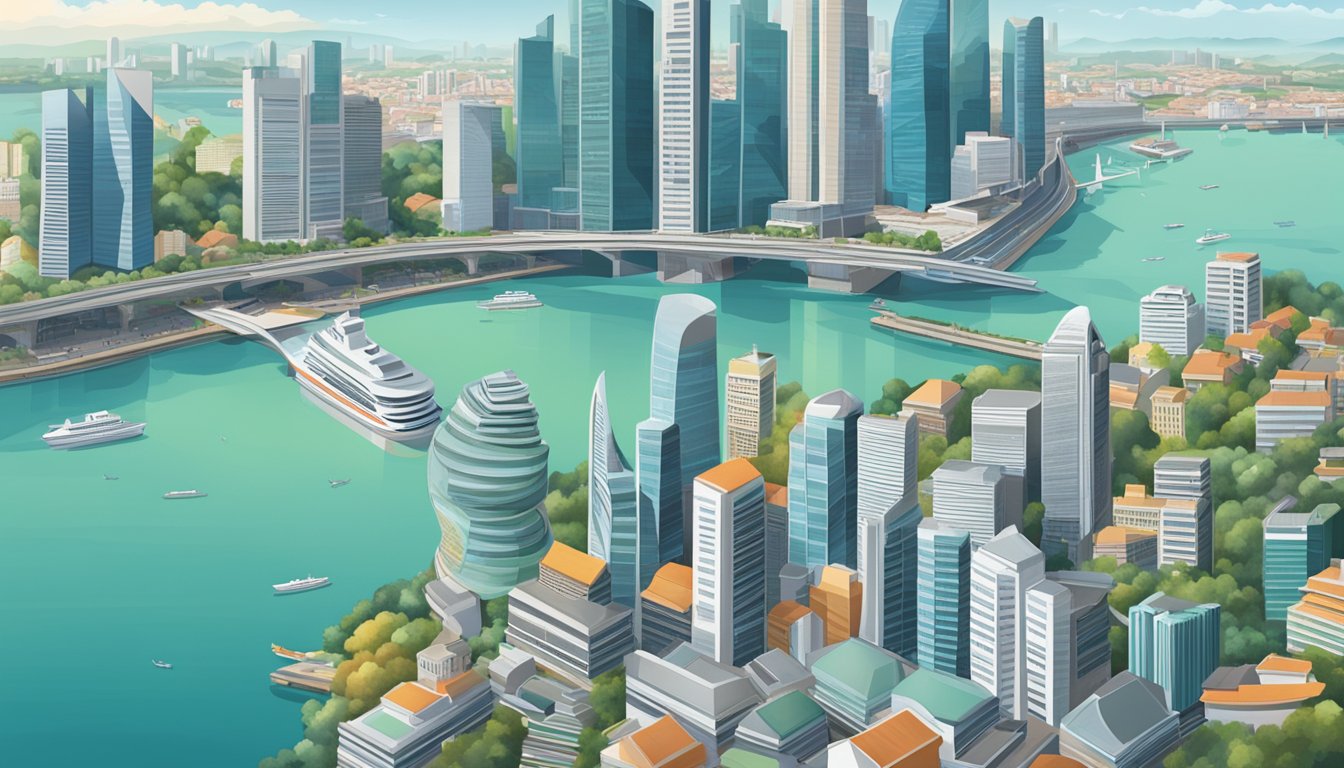 The bustling city of Singapore is depicted with the iconic skyline, featuring the prominent presence of a French bank, symbolizing its global and regional impact