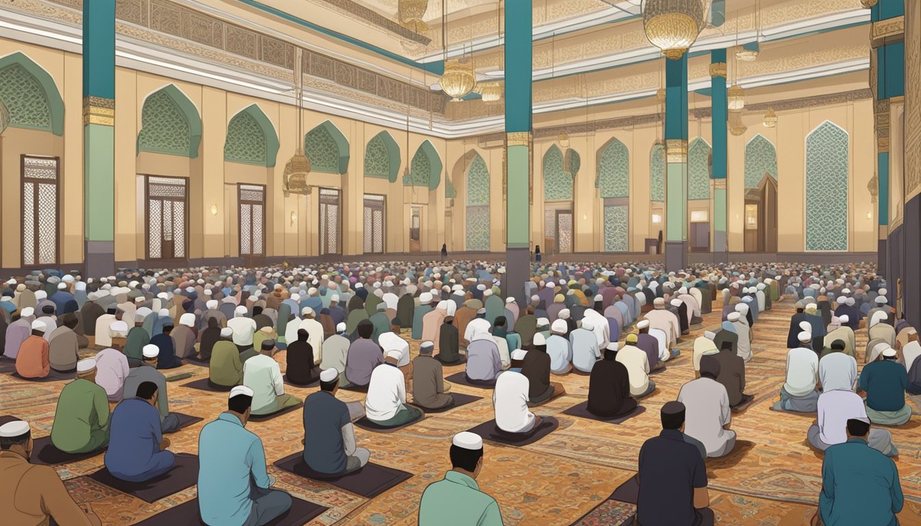 A mosque in Singapore fills with worshippers during Friday prayer. The room is peaceful, with rows of prayer mats and a beautiful mihrab at the front