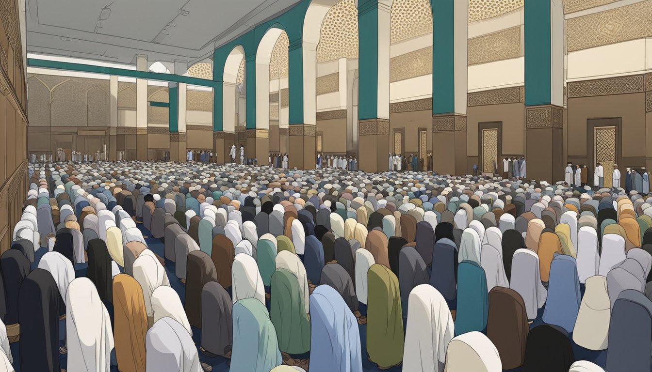 Muslims gather in a mosque, facing Mecca, for Friday prayers in Singapore. The room is filled with the sound of recitations and the sight of bowed heads in prayer