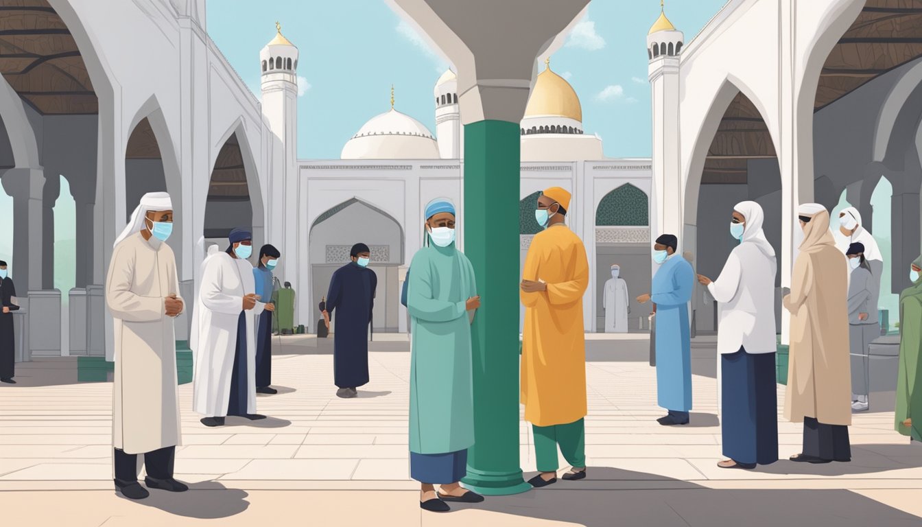 People standing 1 meter apart, wearing masks, and sanitizing hands before entering the mosque for Friday prayer in Singapore. Social distancing markers and hand sanitizer stations visible