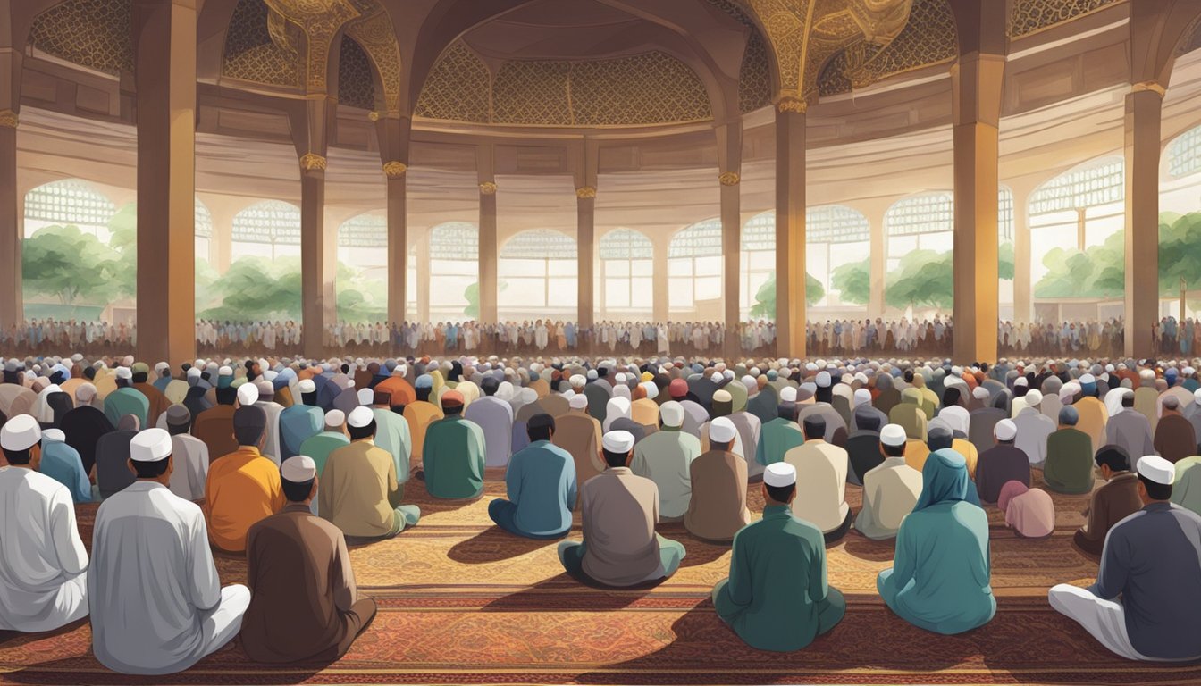 Muslims gather in a mosque for Friday prayer in Singapore. The room is filled with worshippers in traditional attire, bowing in unison towards Mecca. The atmosphere is serene and focused