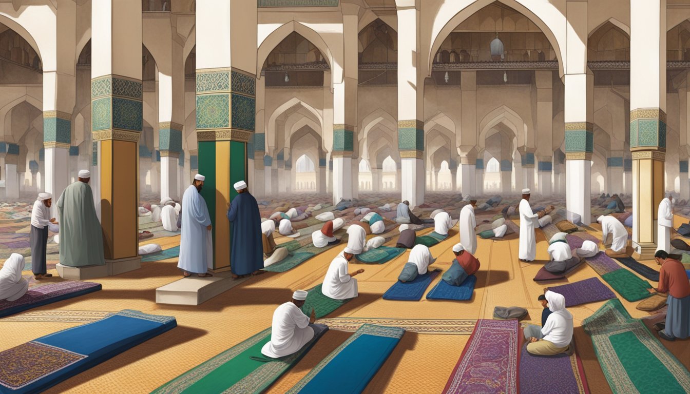People arranging prayer mats, removing shoes, and facing Mecca in a mosque
