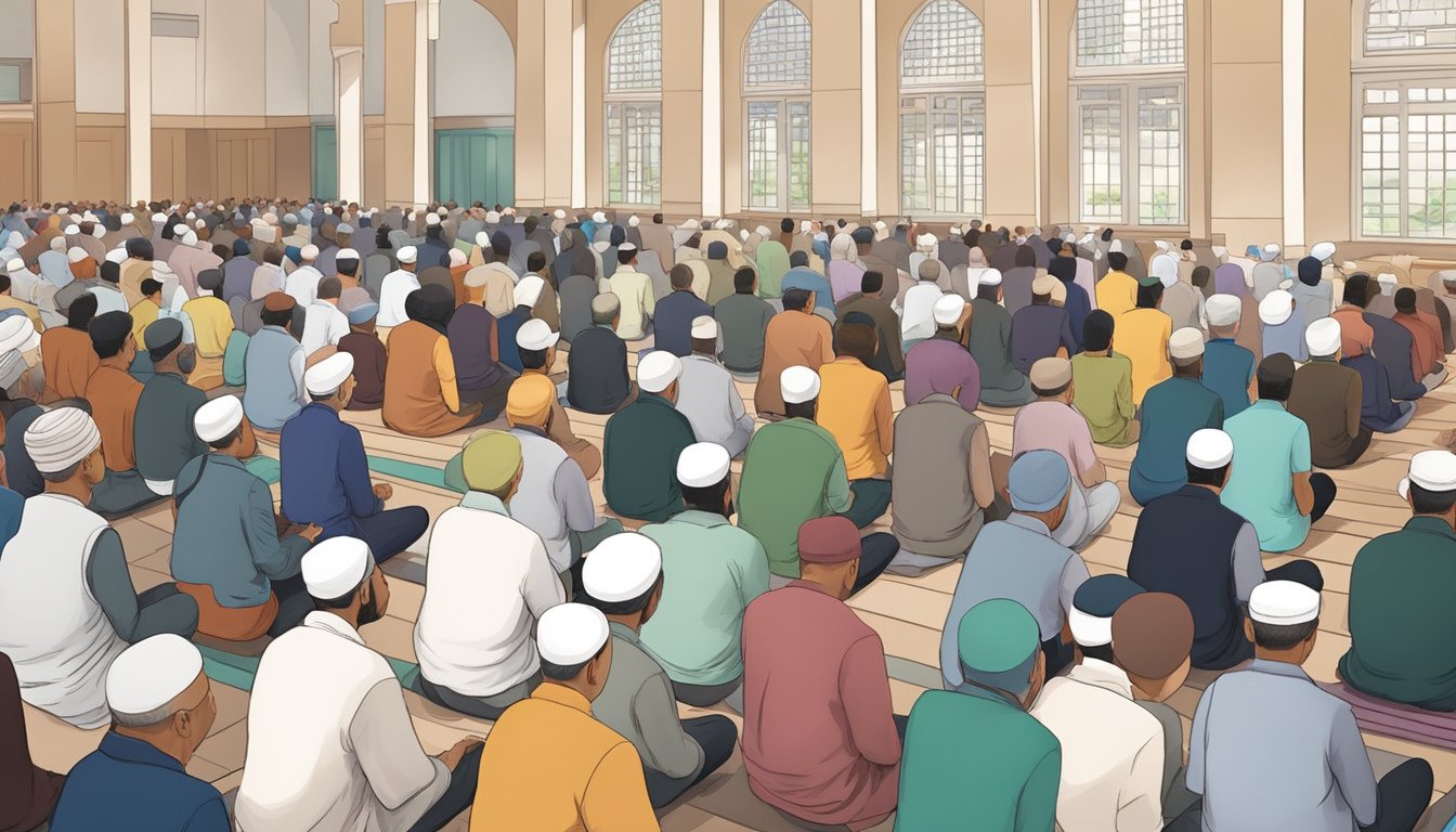 A diverse group gathers in a modern mosque, engaging in Friday prayer, with a sense of community and spirituality in Singapore