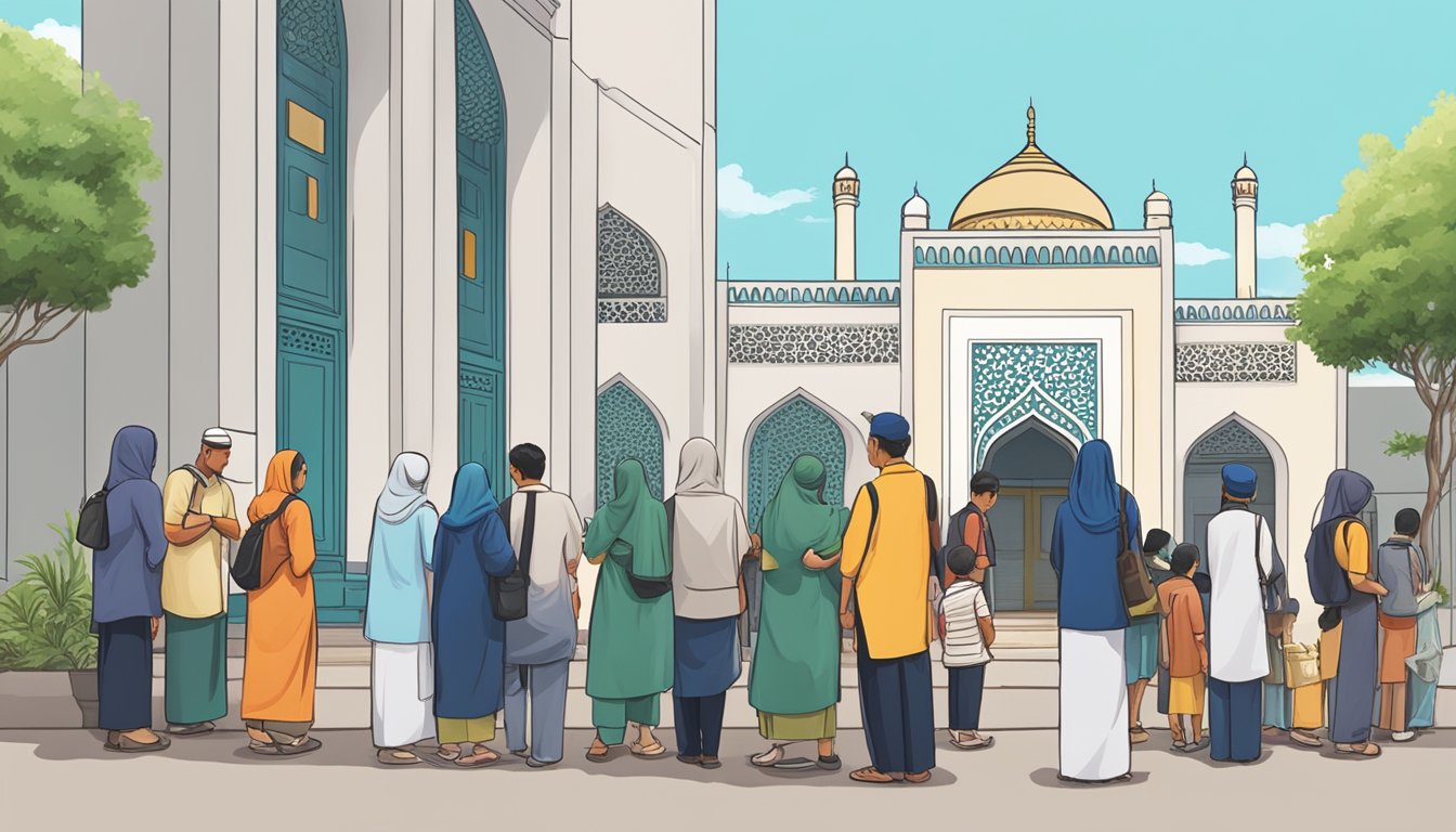 People line up outside a mosque, waiting to book their Friday prayer slots in Singapore. Signs with FAQs are displayed, and a staff member assists visitors