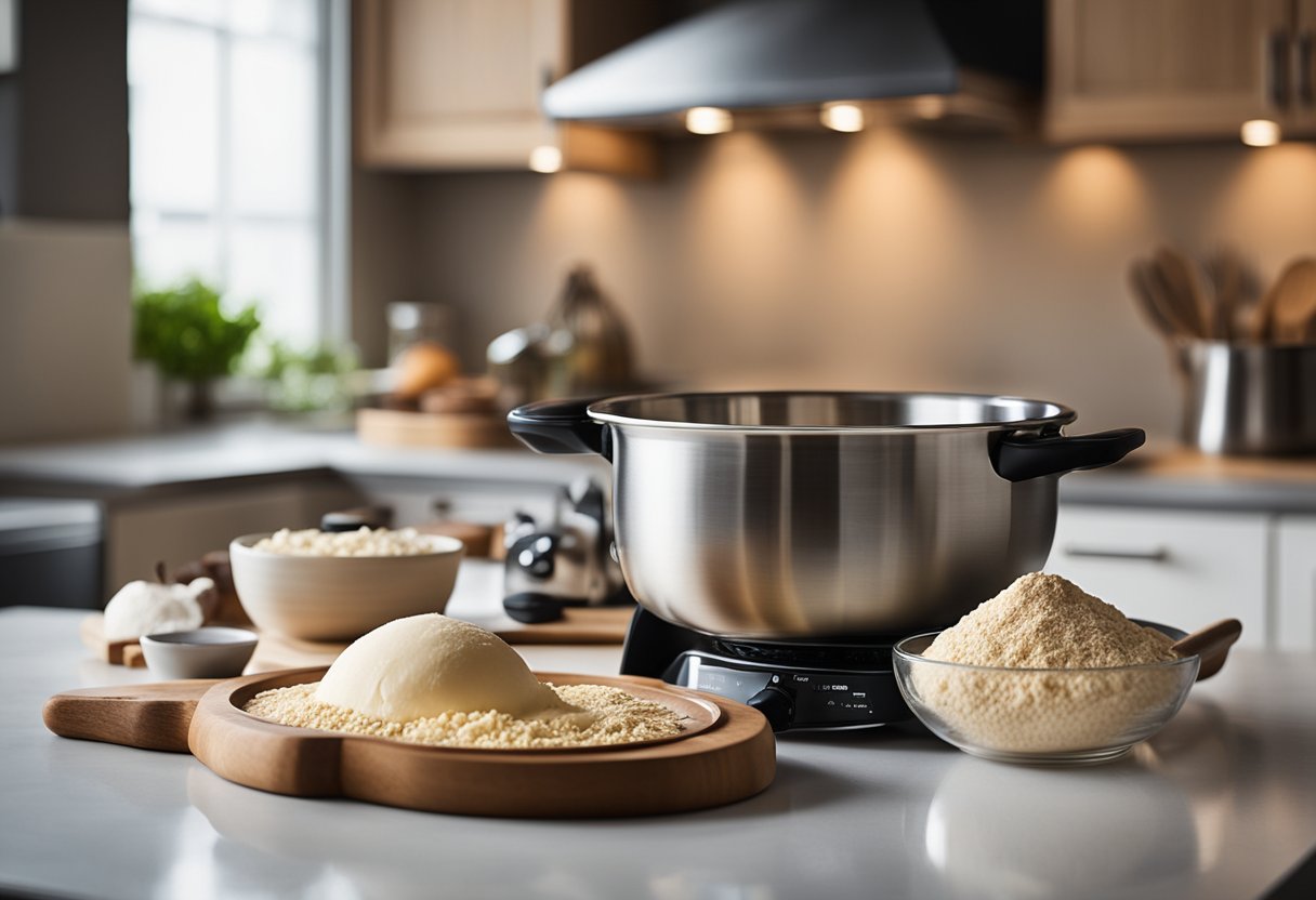 A kitchen counter with ingredients and utensils laid out, a mixing bowl with batter, and a preheated oven ready to bake