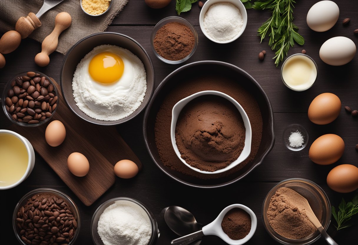 A table with ingredients (flour, sugar, cocoa powder, eggs, butter) and utensils (mixing bowl, whisk, baking pan) for making delicious brownies in 30 minutes