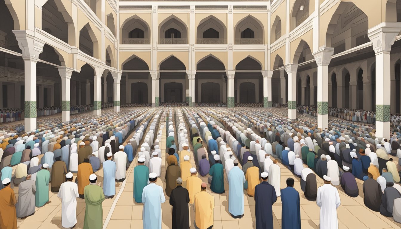 A mosque courtyard filled with rows of worshippers, facing the qibla, performing Friday prayer in Singapore