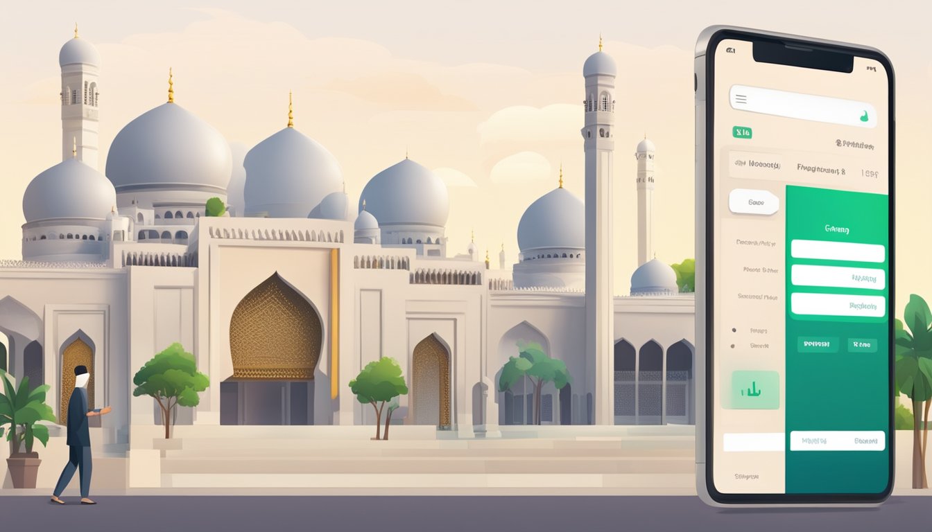 Muslims in Singapore booking Friday prayer slots online. A computer or smartphone with a booking website displayed. Mosque in the background