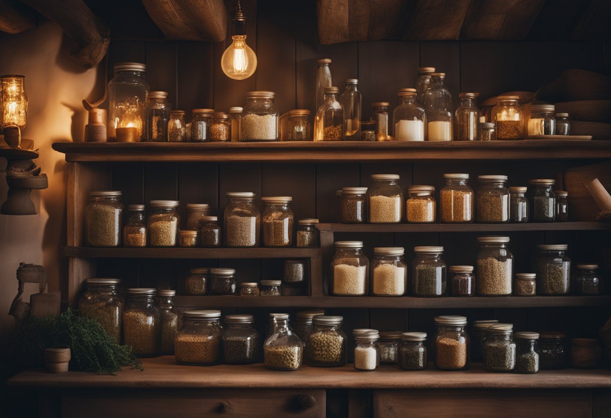 Irish Folk Healing - A cozy Irish cottage filled with shelves of dried herbs and jars of tinctures, with a crackling fire and a warm glow from the hearth