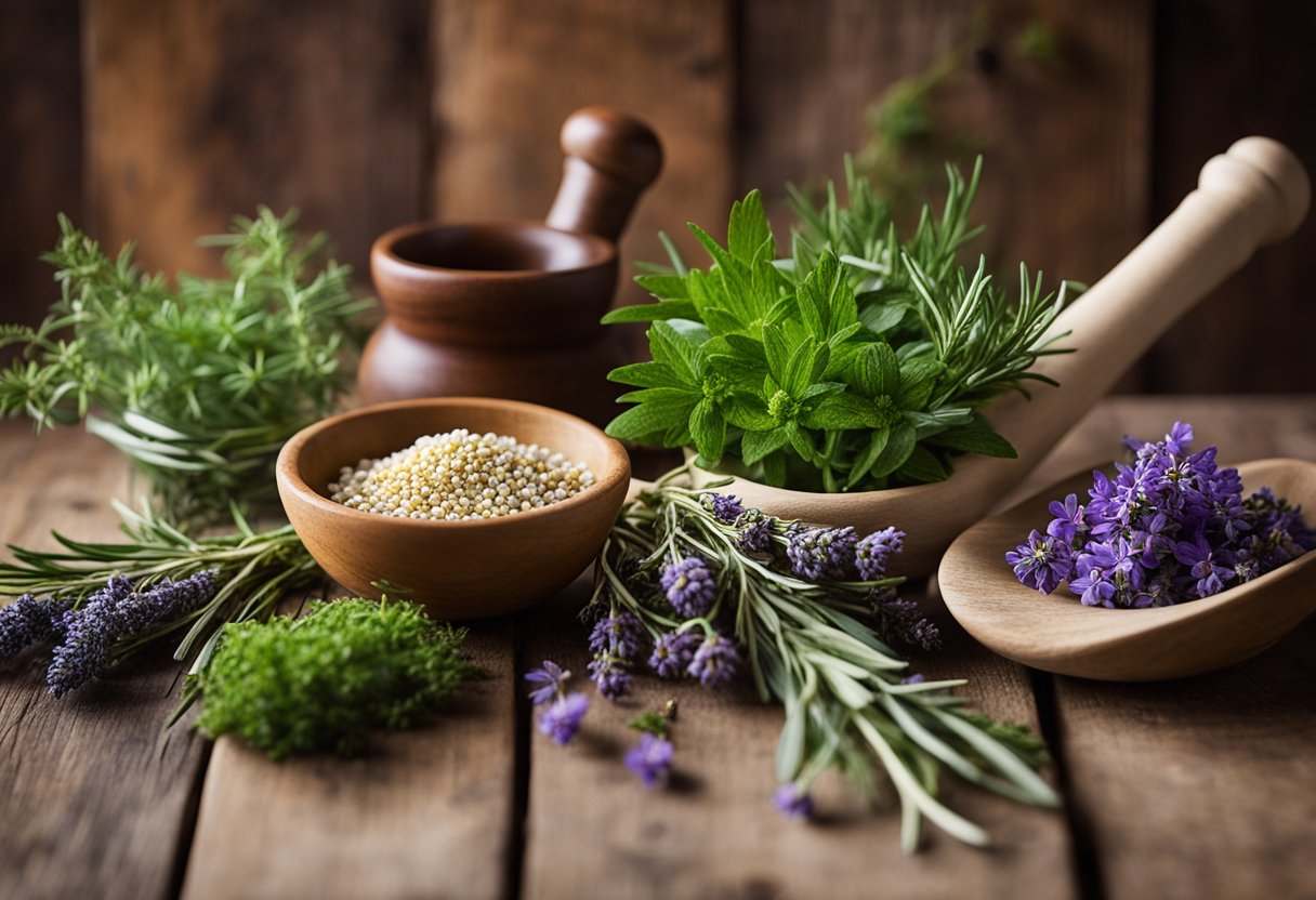 Irish Folk Healing - A variety of herbs and plants are arranged on a wooden table, including chamomile, lavender, and rosemary. A mortar and pestle sit nearby, ready for use in traditional Irish folk healing and herbal remedies