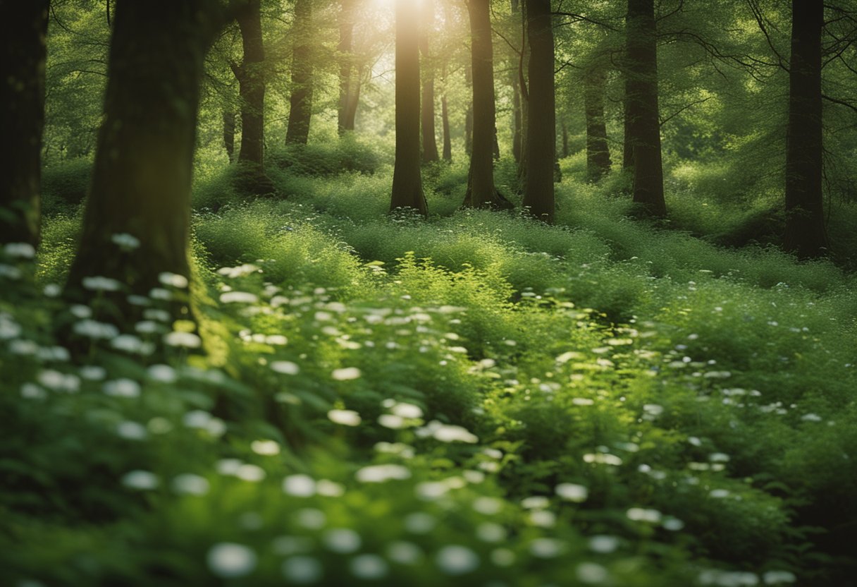 Irish Folk Healing - A tranquil forest clearing with a variety of native Irish herbs and plants growing abundantly, surrounded by a sense of healing energy and ancient wisdom