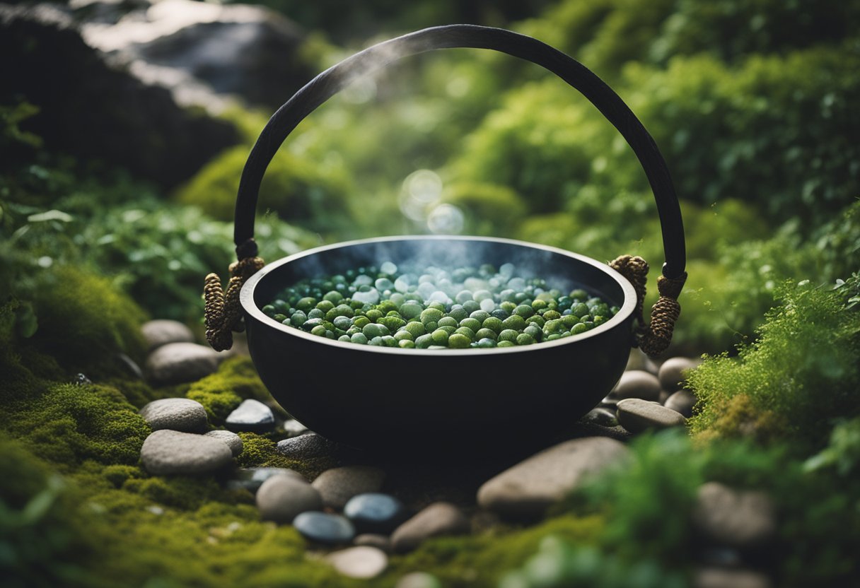 Irish Folk Healing - A cauldron bubbles with healing herbs, while a circle of stones marks a sacred space for Irish folk rituals