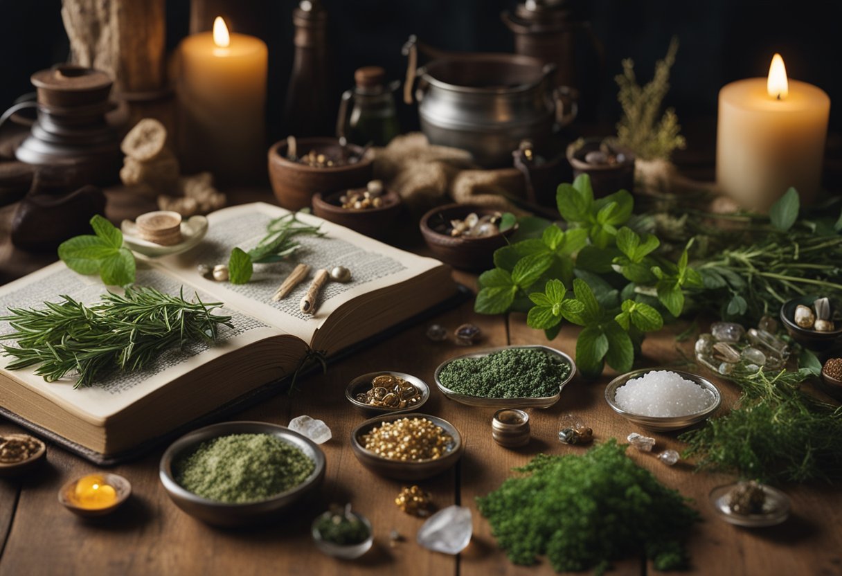 Irish Folk Healing - A table covered in various herbs, crystals, and charms. A book of Irish folk healing remedies lies open, surrounded by ancient symbols and traditional tools