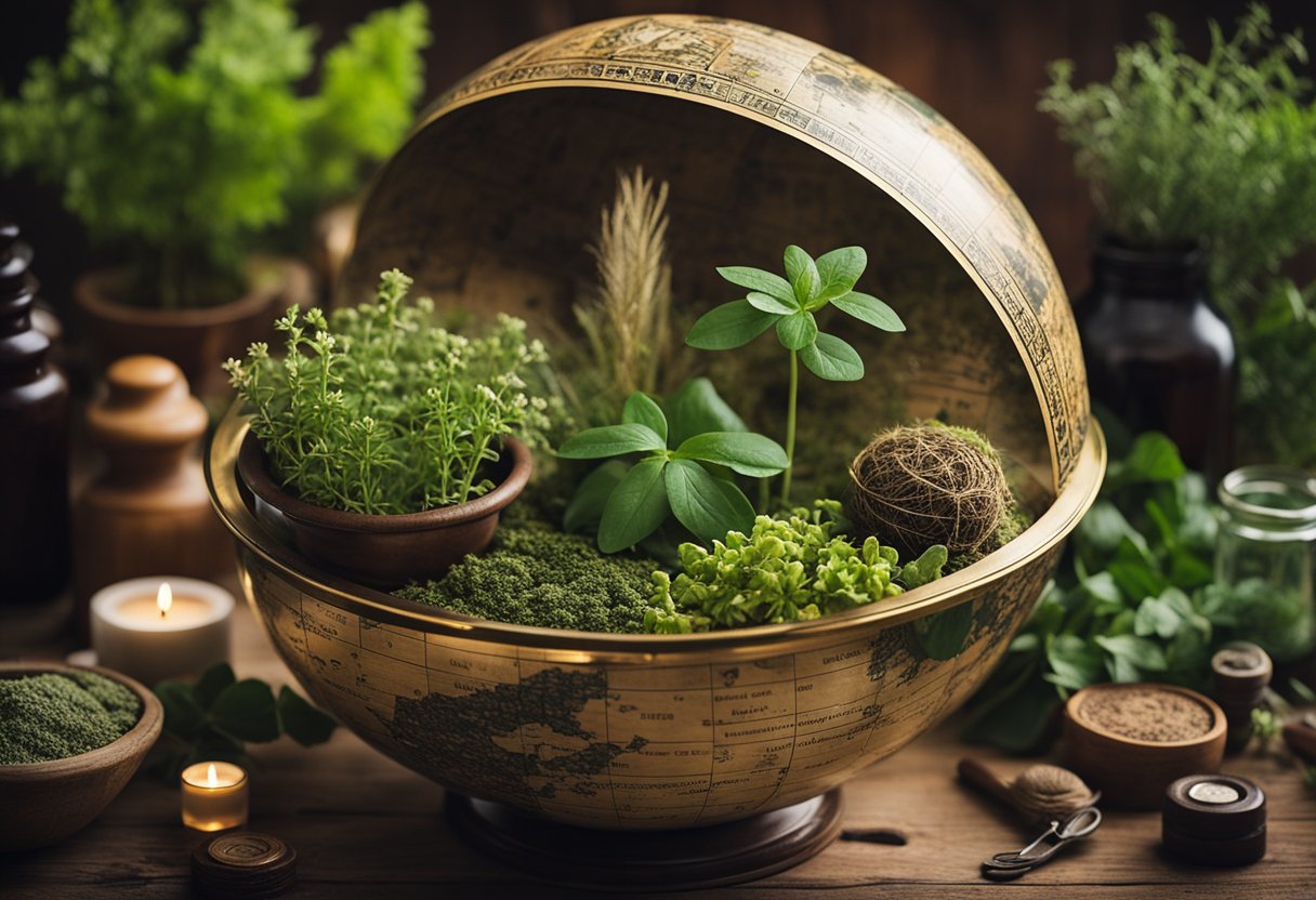 Irish Folk Healing - A globe surrounded by traditional Irish herbs and healing tools, representing the global impact of Irish folk healing and herbal lore
