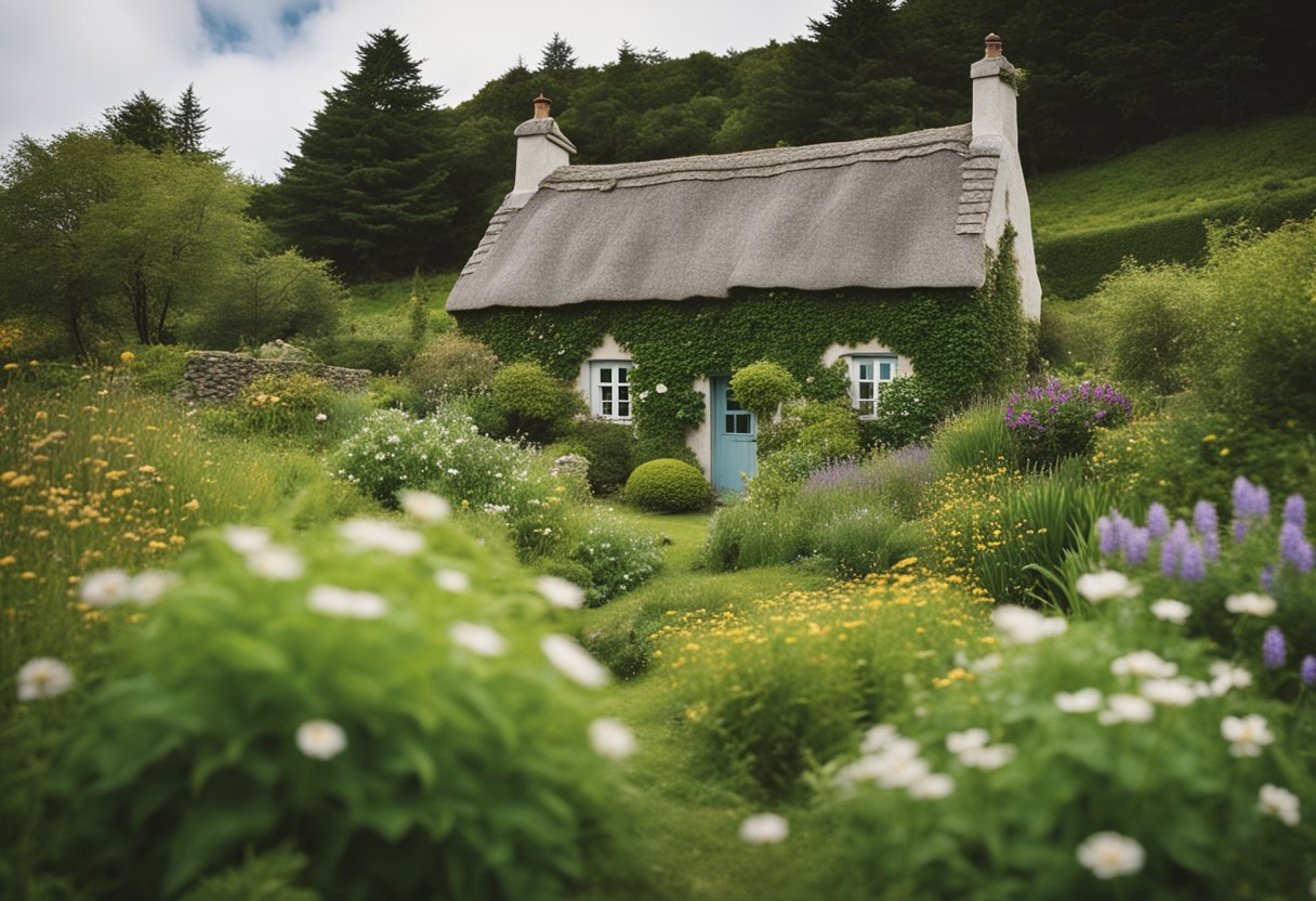 Irish Folk Healing - A lush green landscape with diverse plant life, including medicinal herbs. A traditional Irish cottage nestled among the flora, symbolizing the preservation of folk healing and sustainable herbal practices