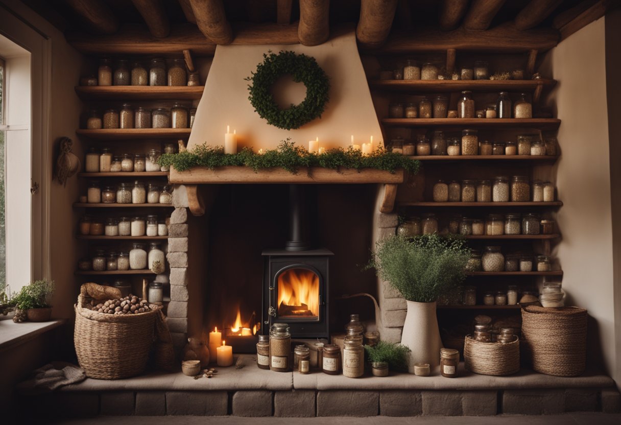 Irish Folk Healing - A rustic Irish cottage with shelves of dried herbs and jars of healing potions, a cozy fire burning in the hearth, and a book open to pages of traditional folk remedies