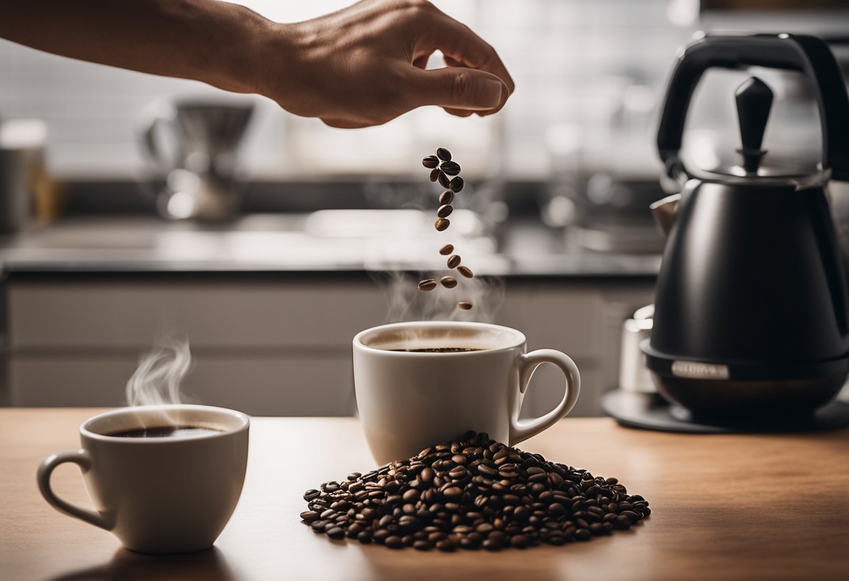 A hand reaches for a bag of coffee beans on a kitchen counter. A kettle boils on the stove as steam rises. A French press sits on the table, ready to brew