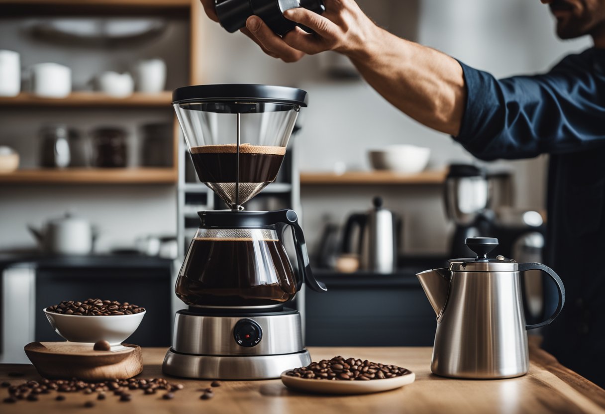 A hand reaches for a bag of quality coffee beans on a shelf, next to a grinder, French press, and kettle on a kitchen counter