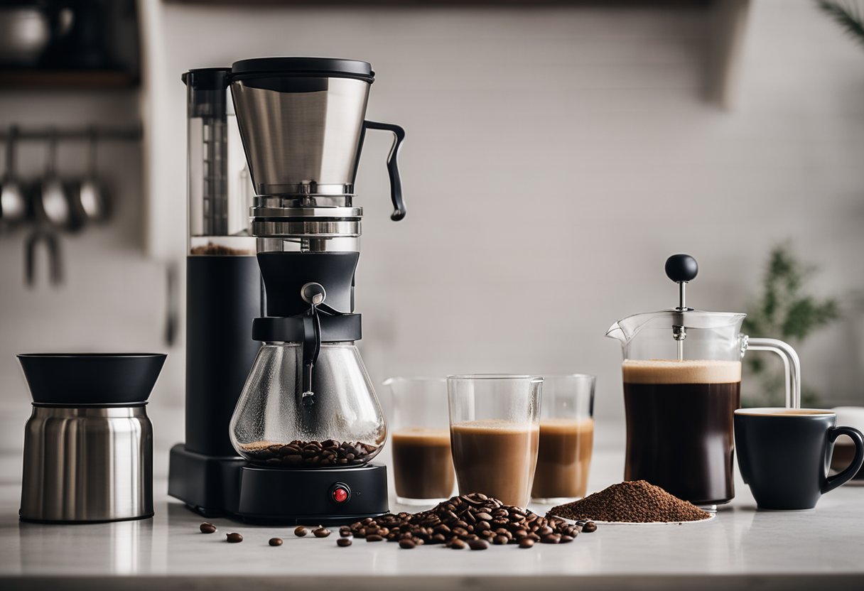 Coffee beans being ground in a manual grinder, a kettle boiling on a stove, a French press and a Chemex on a countertop, and a coffee mug ready to be filled