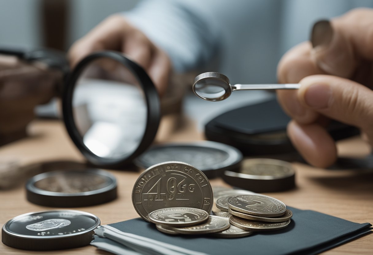 A coin collector examines a coin, noting "AOG" on the label. A magnifying glass and coin catalog sit nearby