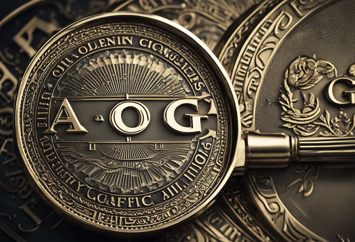 A magnifying glass hovers over a coin, revealing the intricate details of its design. The word "AOG" is highlighted, drawing attention to its significance in coin collecting