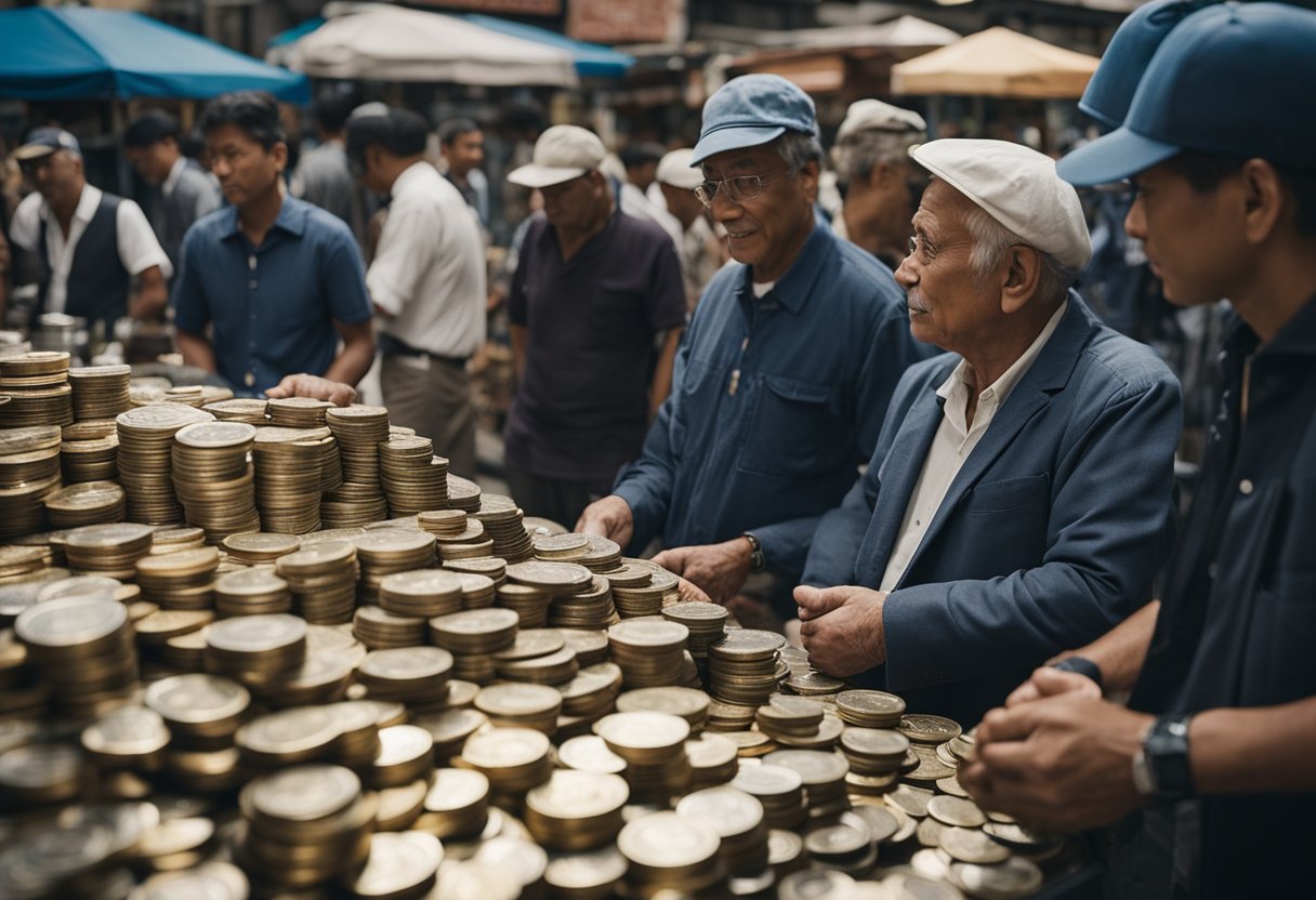 A group of coin collectors discussing "AOG" in a bustling market. Coins and currency on display, with eager buyers and sellers engaged in lively conversations