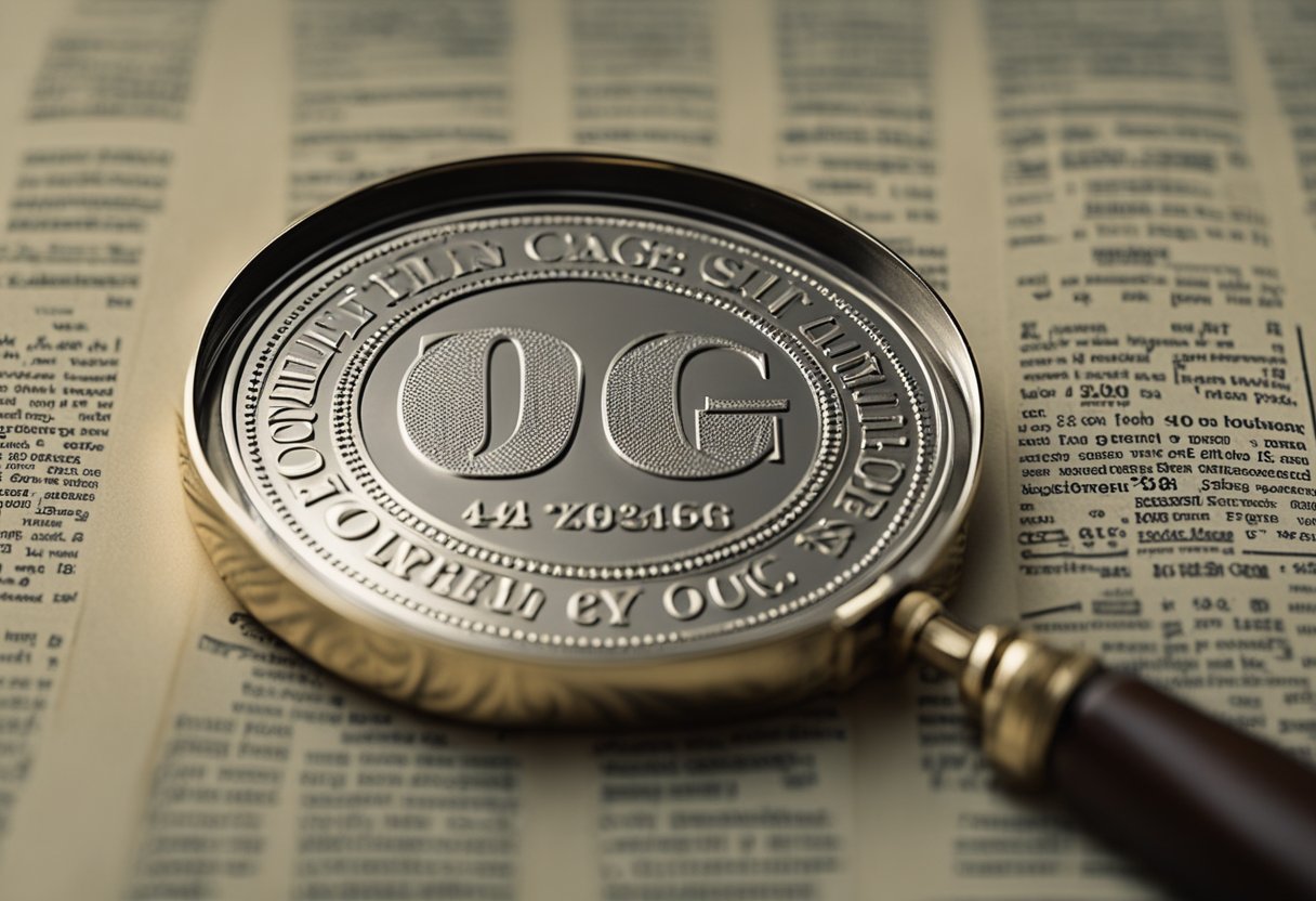 A coin collector examines a coin with "AOG" stamped on it, using a magnifying glass and reference books