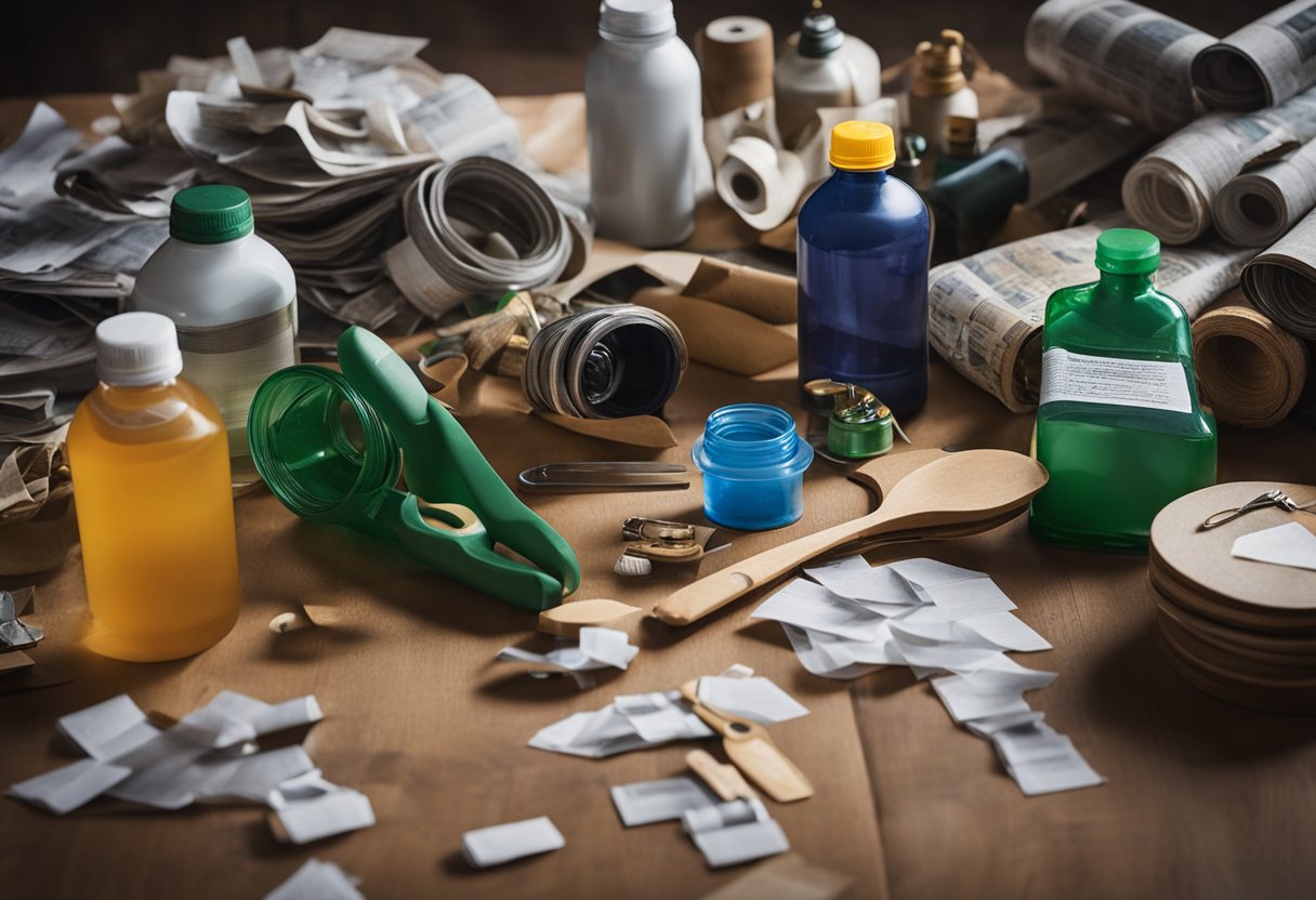 A table covered with various recycled materials like bottles, newspapers, and cardboard. A pair of scissors, glue, and paintbrushes are scattered around