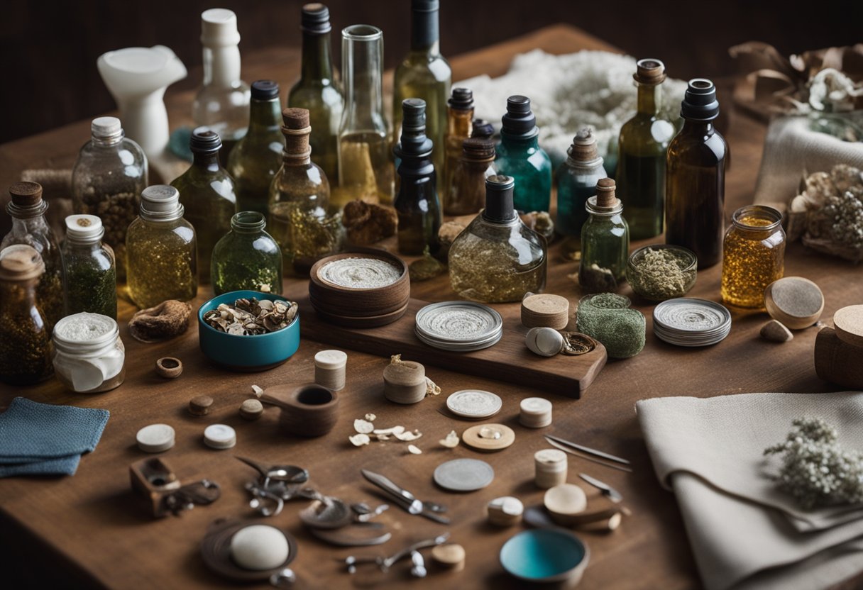 A table filled with various used items like bottles, papers, and fabrics. Hands crafting them into new handmade products