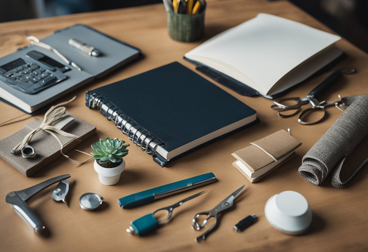 A table filled with various recycled materials, tools, and a sketchbook with design ideas for creating handmade crafts