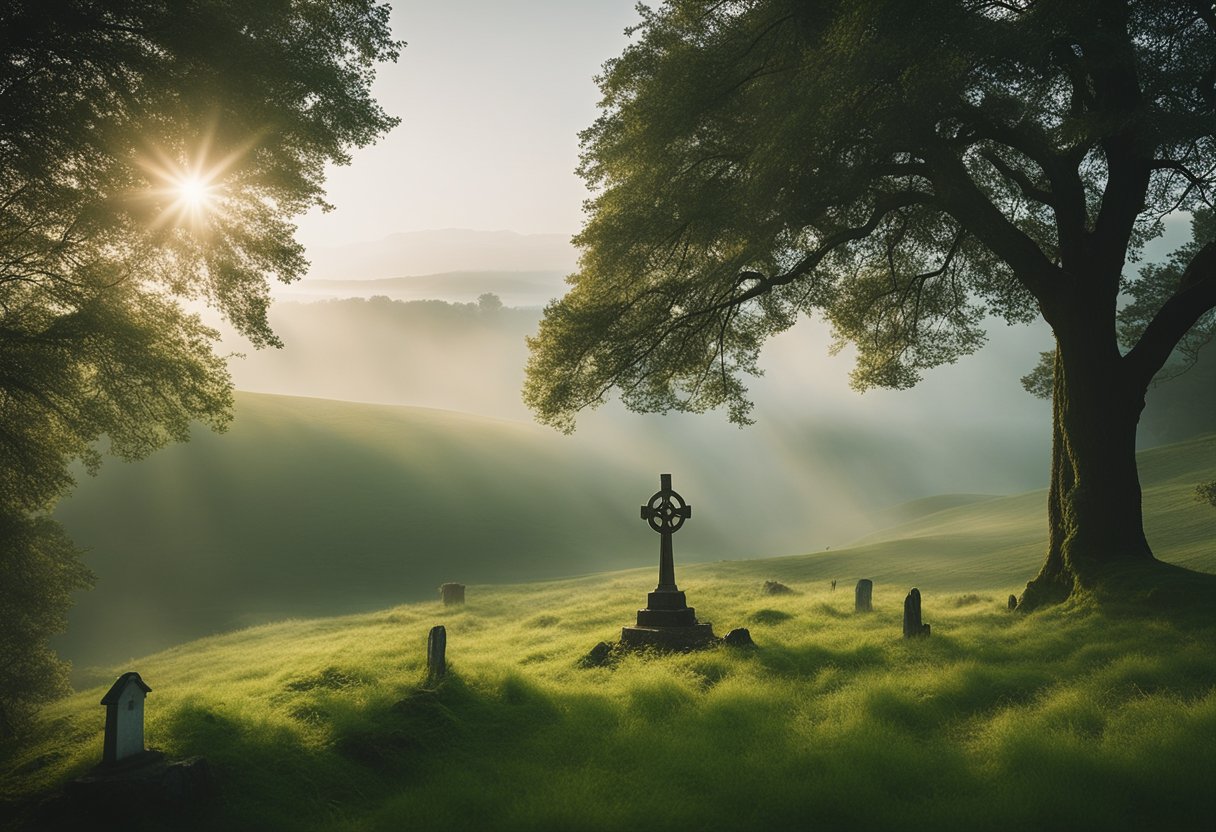 Irish Saints - A misty green landscape with a glowing halo around a sacred site, where a Celtic cross stands tall, and a gentle breeze carries the sound of ancient hymns