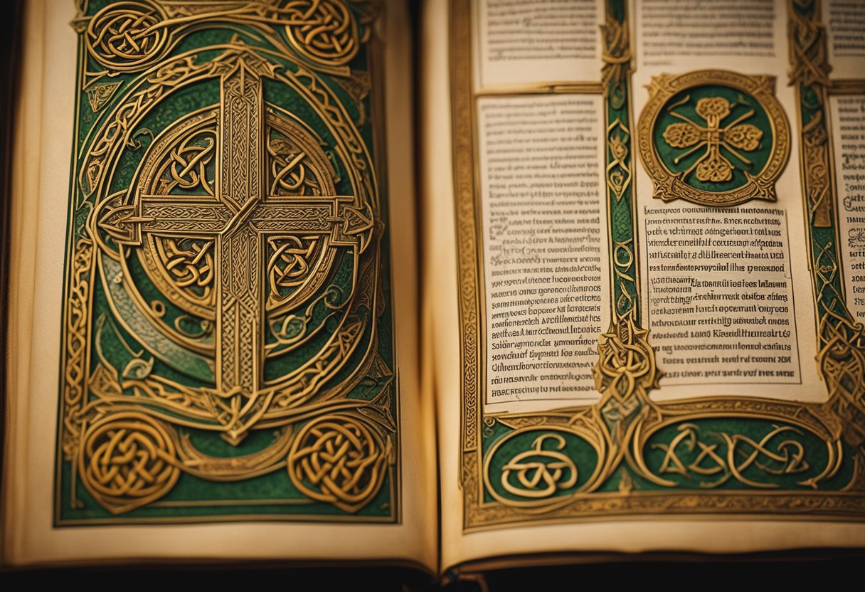 An illuminated manuscript with intricate Celtic knots and symbols, depicting the legends of Irish saints in a vibrant and detailed composition