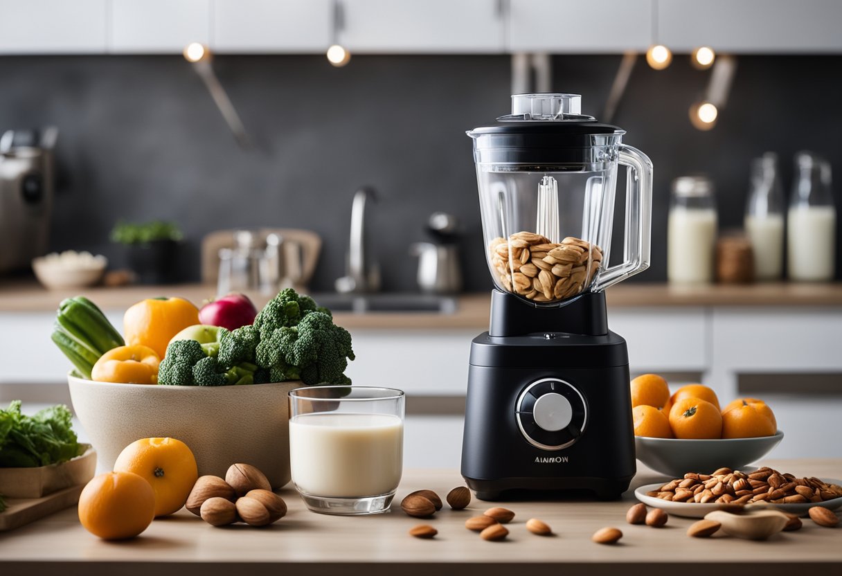 A blender filled with fresh fruits and vegetables, a bottle of almond milk, and a handful of nuts on a kitchen counter