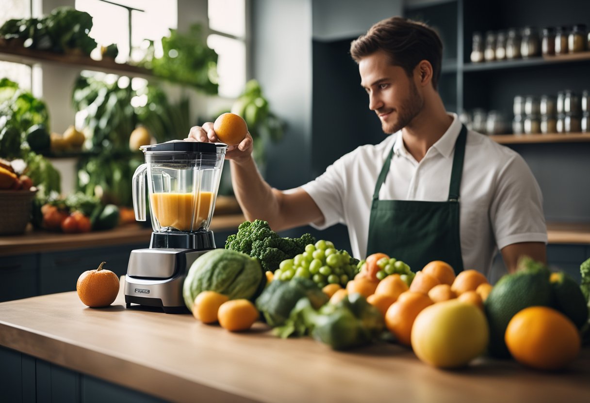 A person selecting fruits and vegetables for a healthy smoothie, with a blender and timer nearby