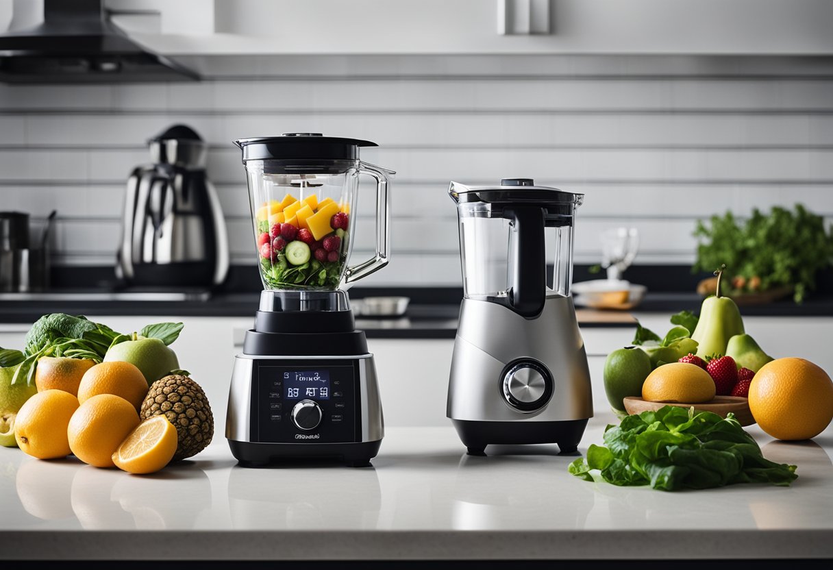 A blender, fresh fruits, leafy greens, yogurt, and a timer on a kitchen counter