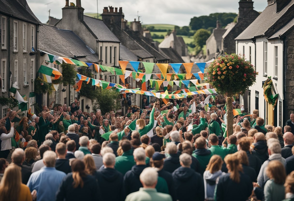 A lively parade winds through a quaint Irish village, with colorful banners and flags flying high. People cheer and dance in the streets, celebrating the legends of Irish saints