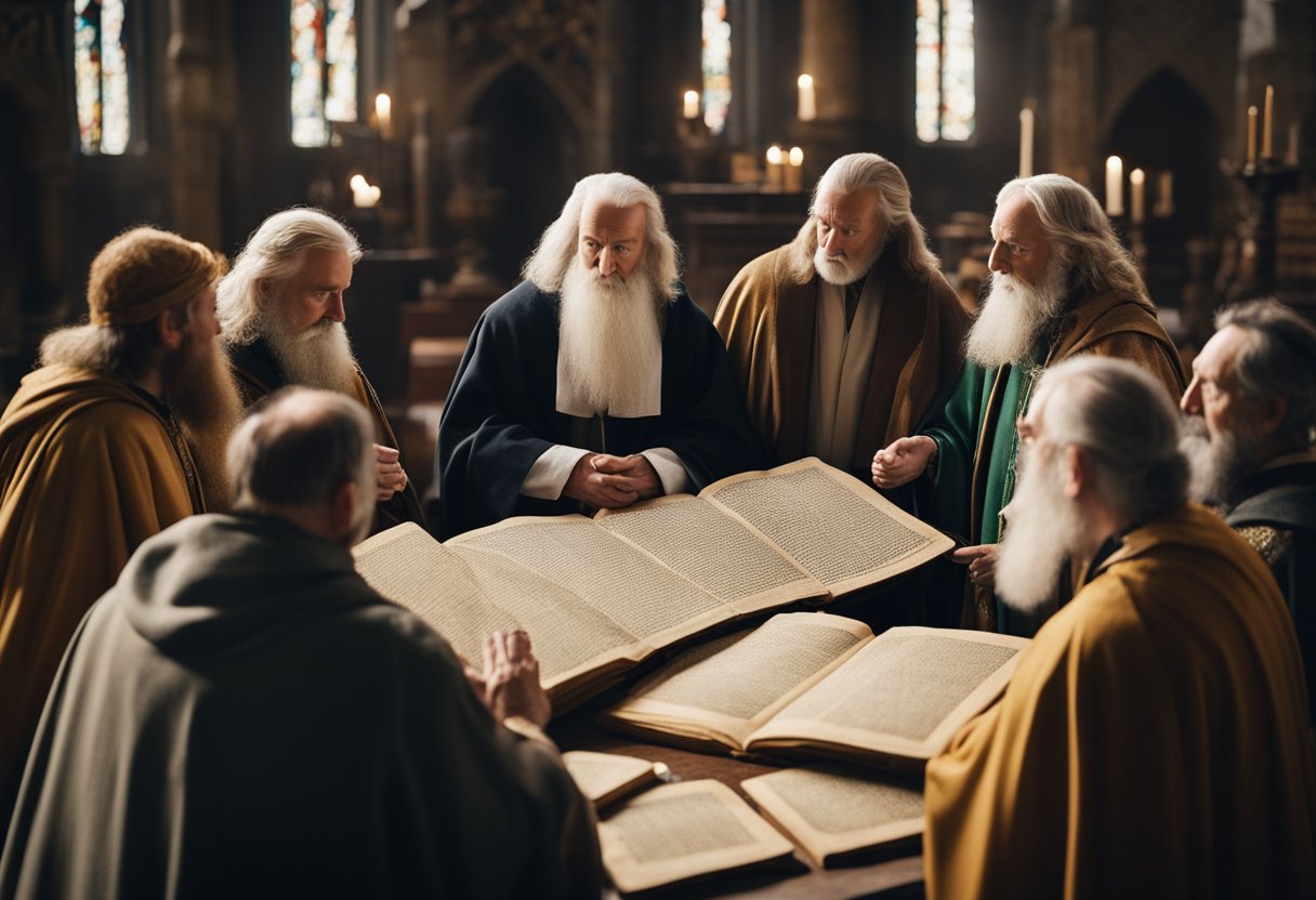 A group of Irish saints surrounded by ancient manuscripts and symbols, sharing their legendary stories with a captivated audience