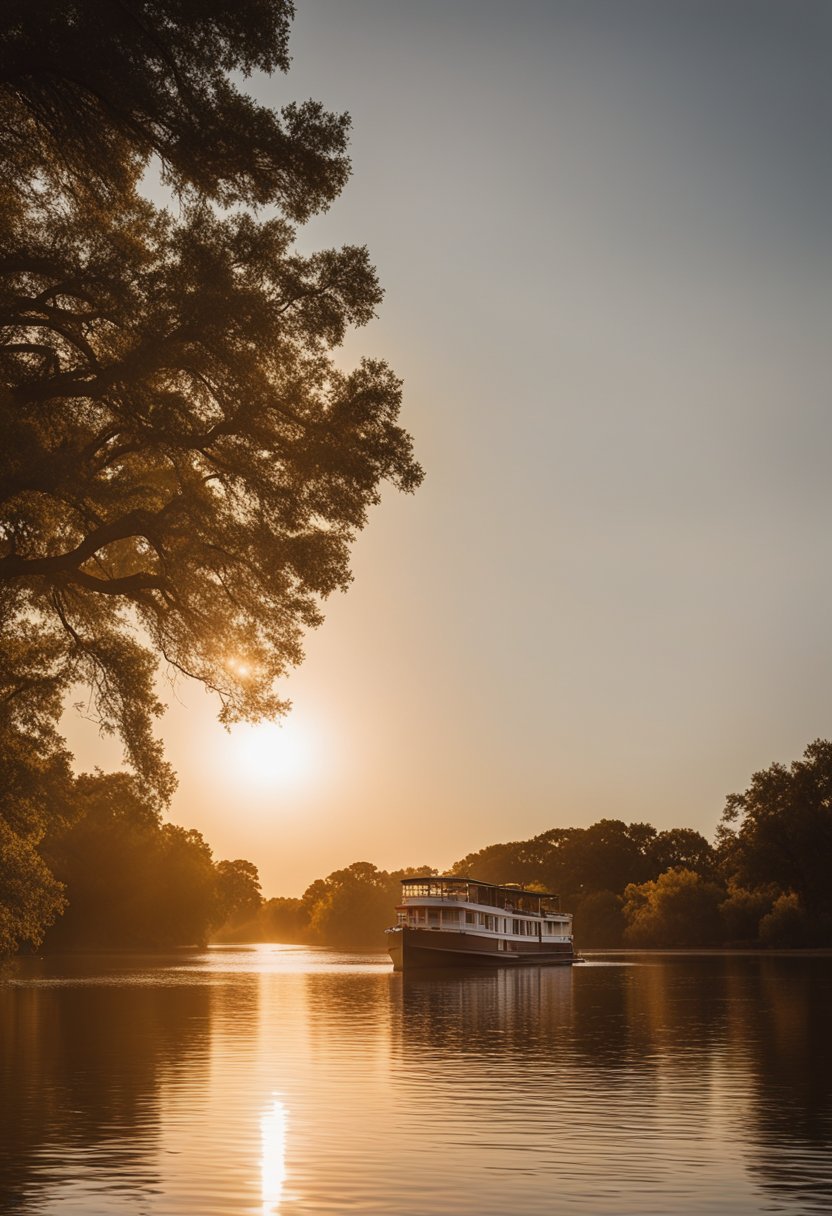 A boat glides along the tranquil Waco River, passing by historic landmarks and wildlife. The sun sets in the distance, casting a warm glow over the serene scene