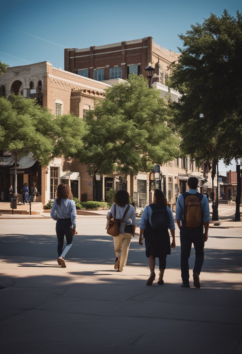 A group of people follow a guide through the historic streets of Waco, Texas, learning about the city's rich history and landmarks