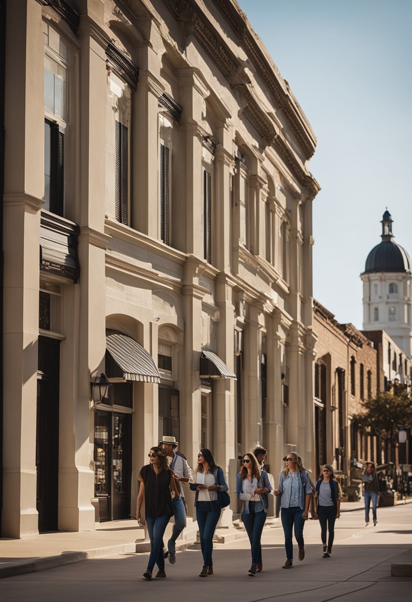 A group of tourists follow a guide through the streets of Waco, passing by historic buildings and landmarks. The guide points out interesting details and shares stories about the city's past