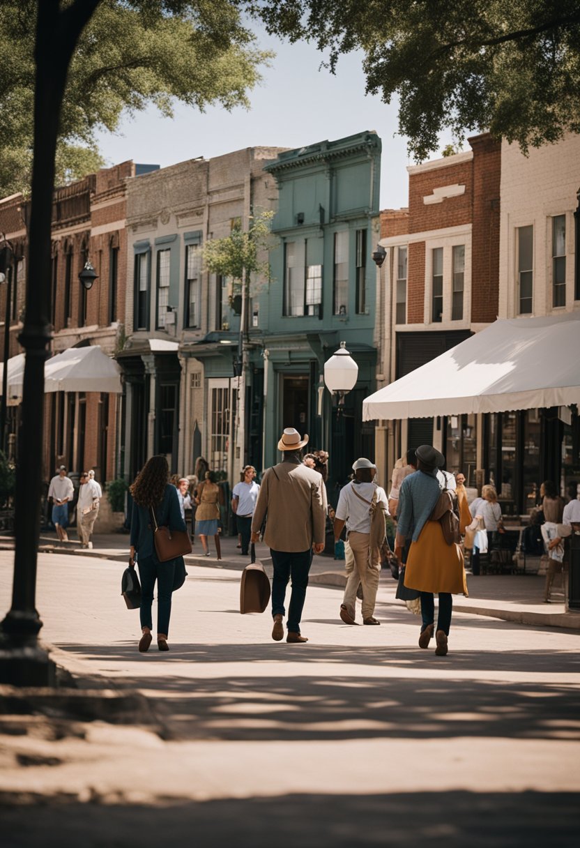 A group of people walk through the historic streets of Waco, passing by old buildings and landmarks, while a tour guide shares stories of the city's rich history