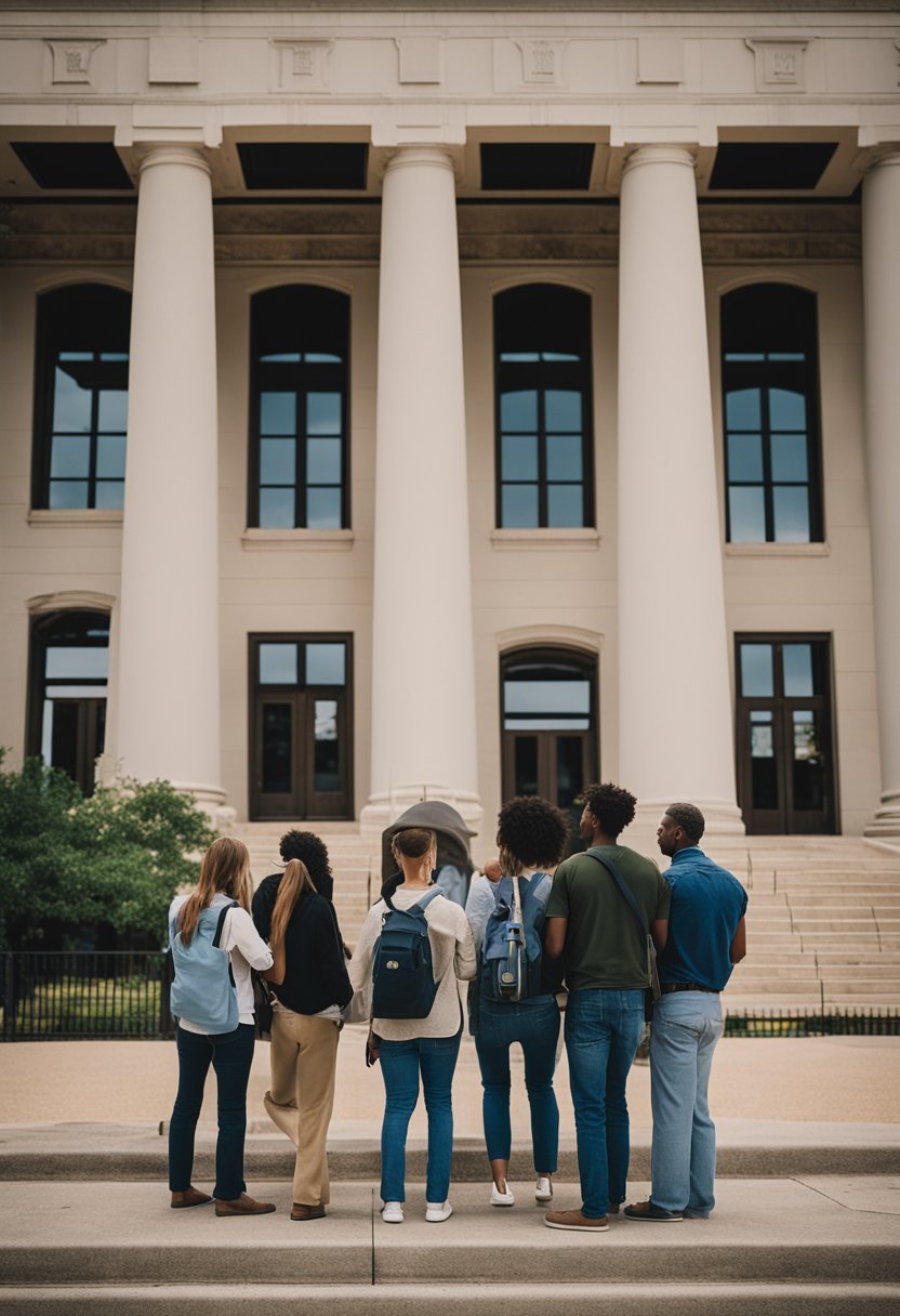 A group of people explore historical sites in Waco, Texas, learning about local stories and cultural significance. They visit landmarks and listen to tour guides share the city's rich history